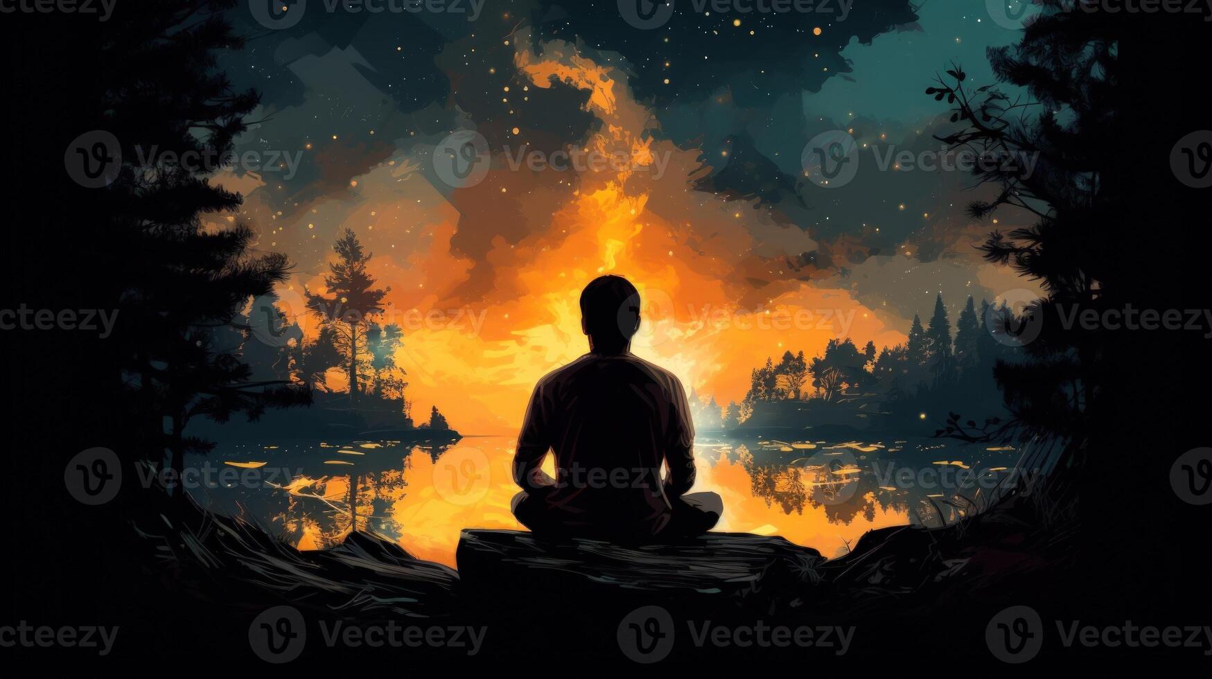 Silhouette of a man sitting by a lake at sunset. The sky is ablaze with color and the water reflects the light. photo