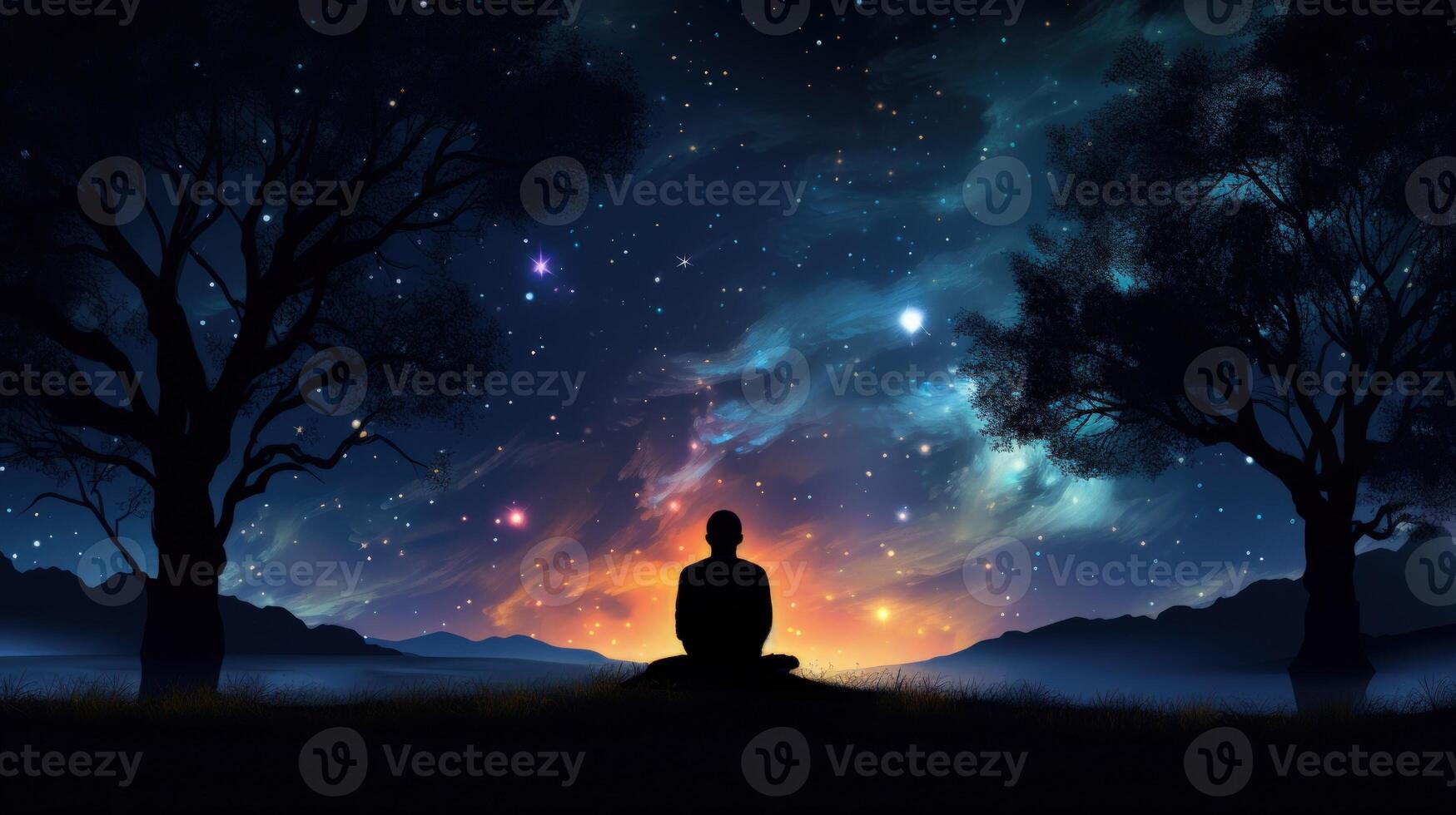 Silhouette of a person sitting on a hill, looking at a starry sky with glowing clouds. photo