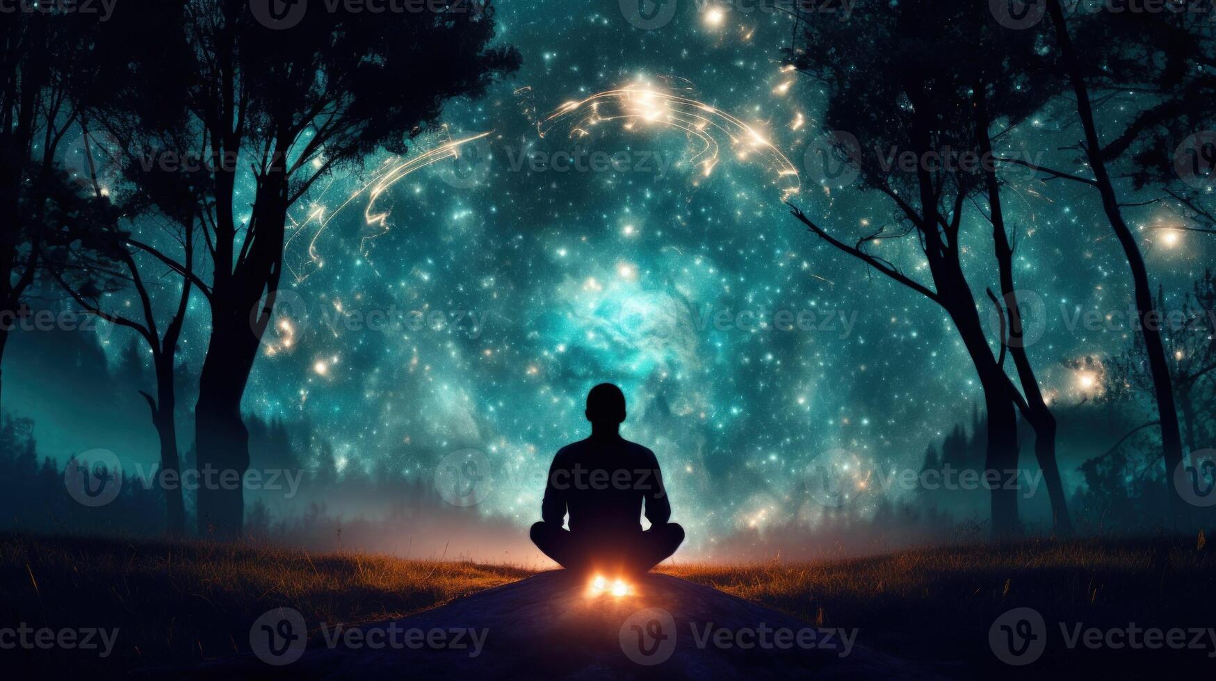 Silhouette of a person sitting in a meditative pose in a forest clearing under a starry night sky. photo