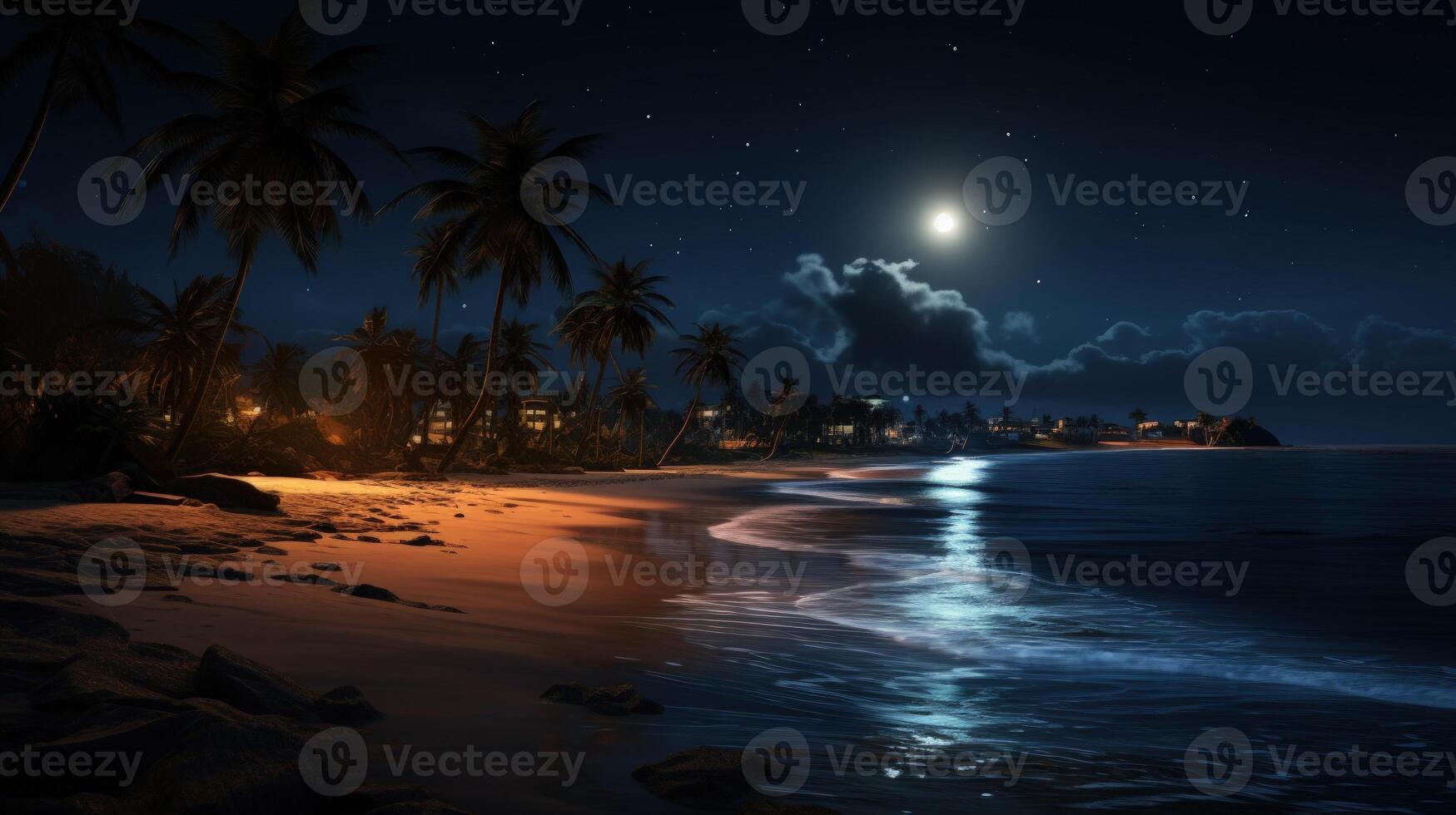 Tranquil night scene of a tropical beach with palm trees, a full moon, and gentle waves. photo
