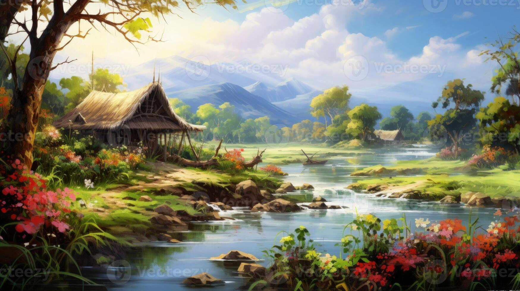 Tranquil River Scene with Lush Greenery and a Rustic Cabin. photo