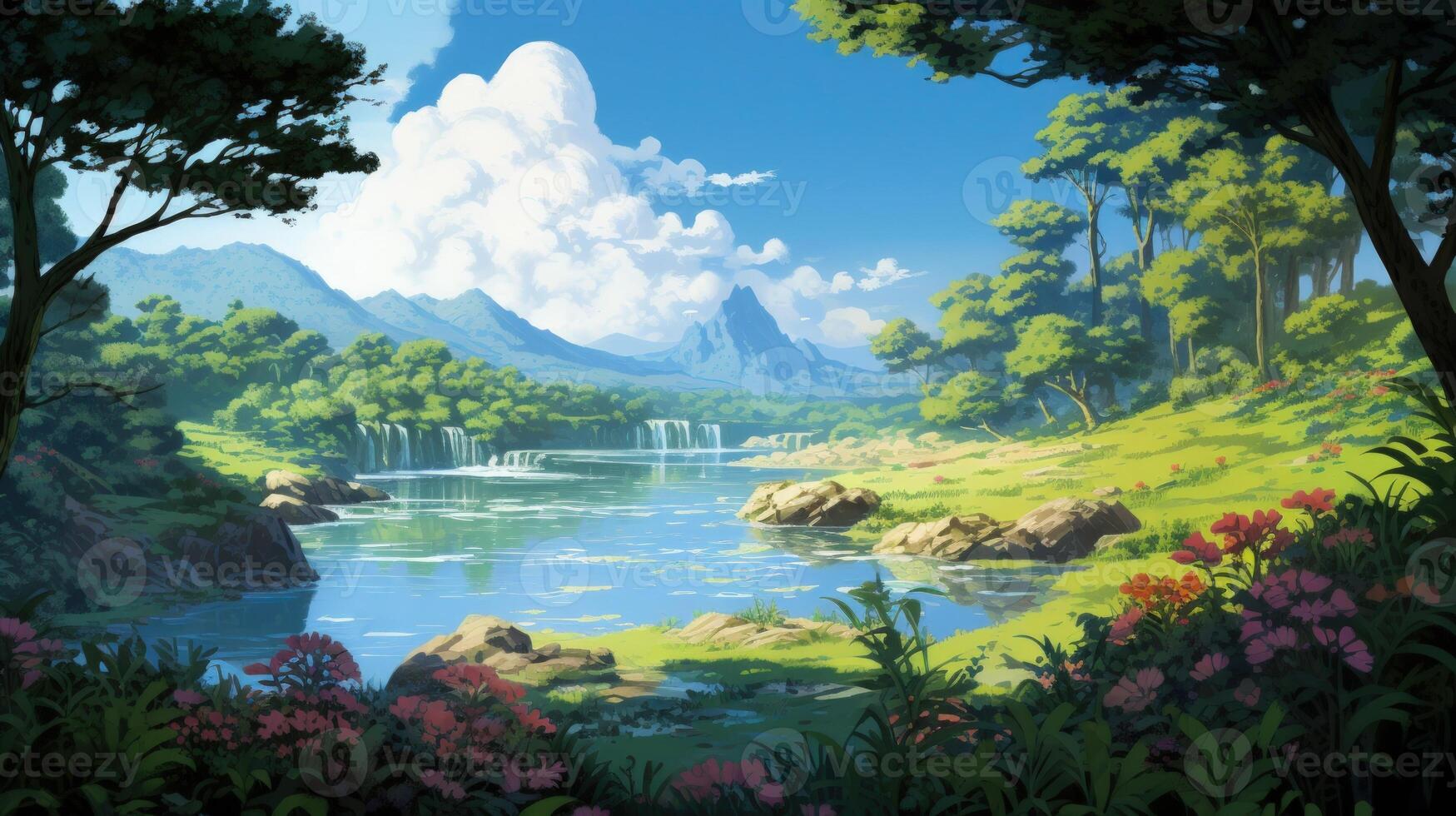 Tranquil blue river flowing through a lush green forest with waterfalls in the distance and a big puffy white cloud in a blue sky. photo