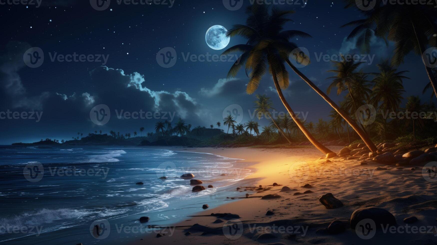 Tranquil night scene with a full moon shining on a tropical beach with palm trees. photo