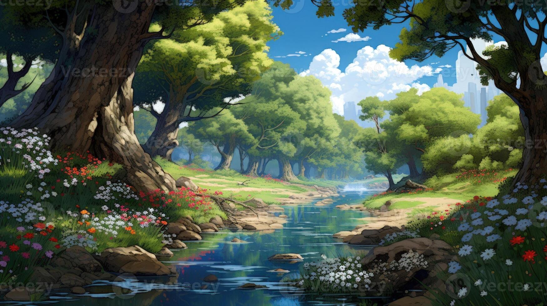 Tranquil forest stream with lush foliage and colorful wildflowers. photo