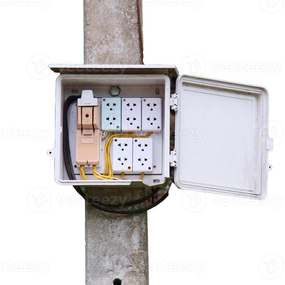 Electrical Junction Box with Multiple Outlets and Wiring on White Background Isolated for Industrial and Home Use photo