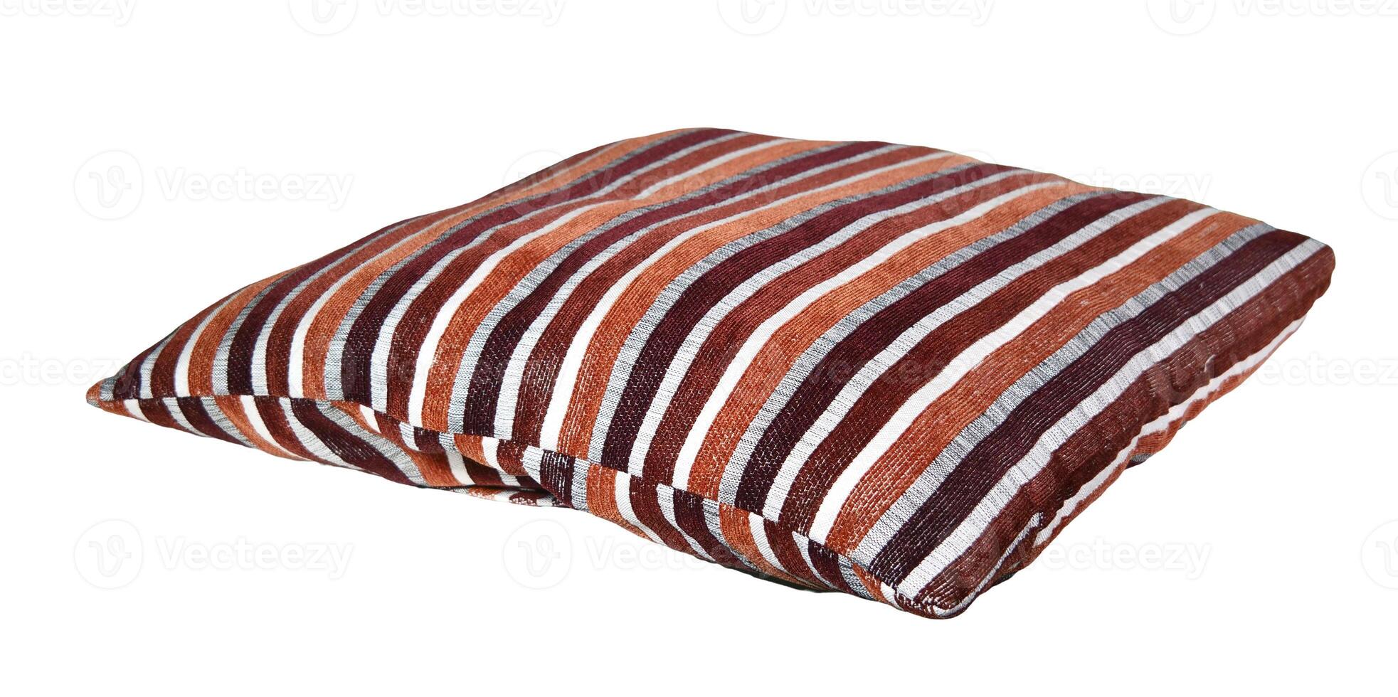Colorful Striped Cushion on White Background Isolated - Decorative Pillow with Red, Brown, and White Stripes photo