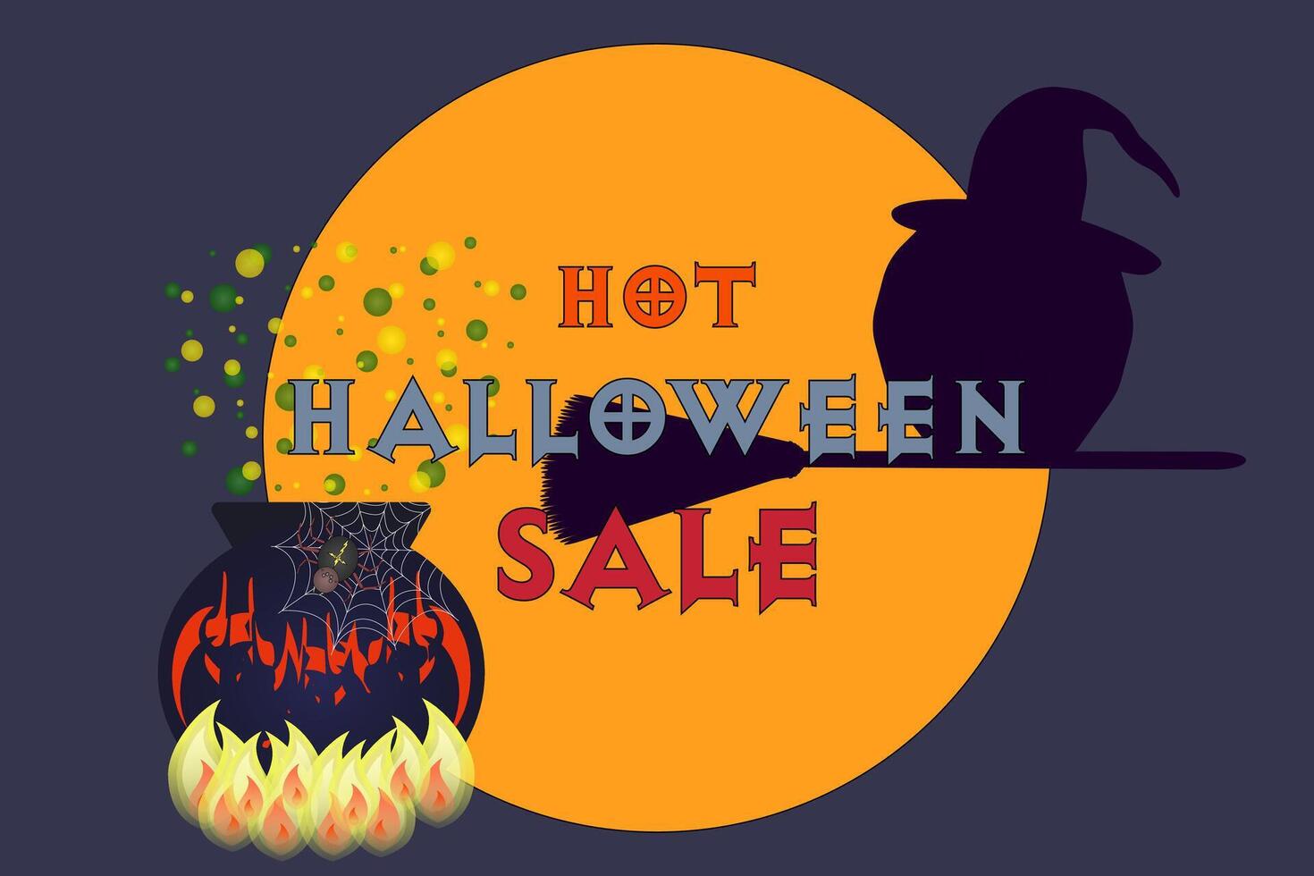 A spooky Halloween sale poster featuring a witches cauldron and a full moon. Ideal for holiday promotions and themed events. vector