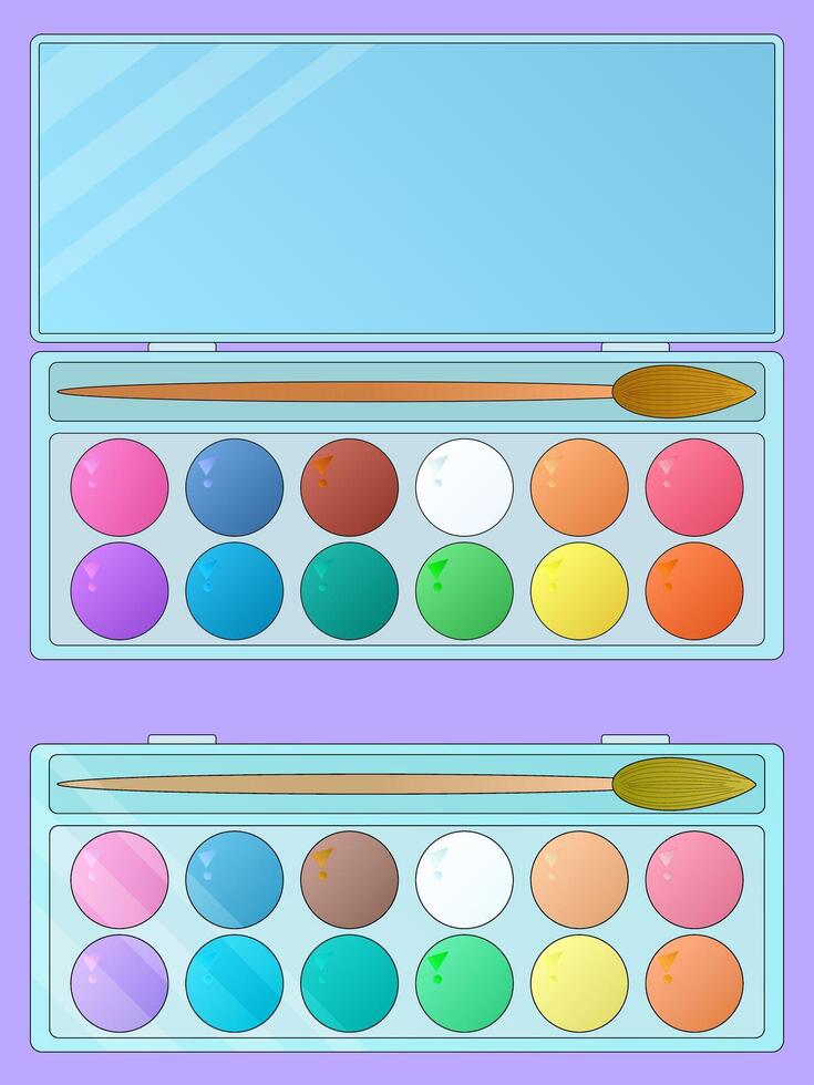 Colorful watercolor paint palettes with brushes. Ideal for back-to-school, art supplies, and creative educational projects. vector