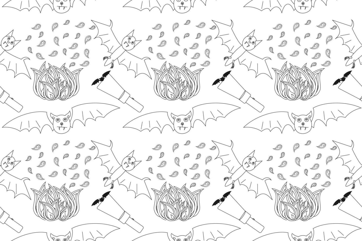 Spooky Halloween-themed coloring page featuring bats, flames, and flying elements. Perfect for creative holiday fun and decoration. vector
