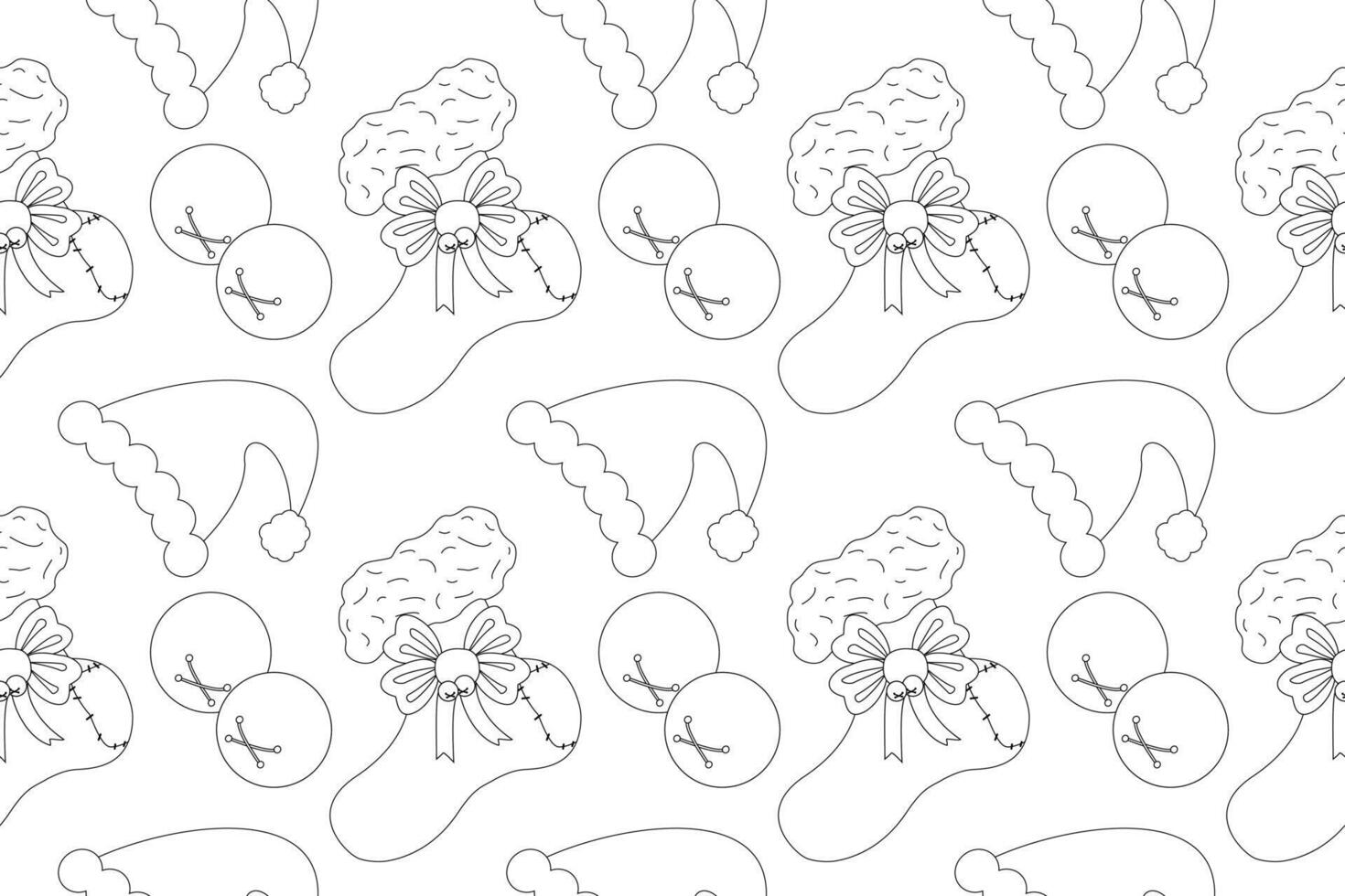 A seamless Christmas-themed coloring page pattern featuring stockings, Santa hats, and ornaments. Perfect for festive holiday activities. vector