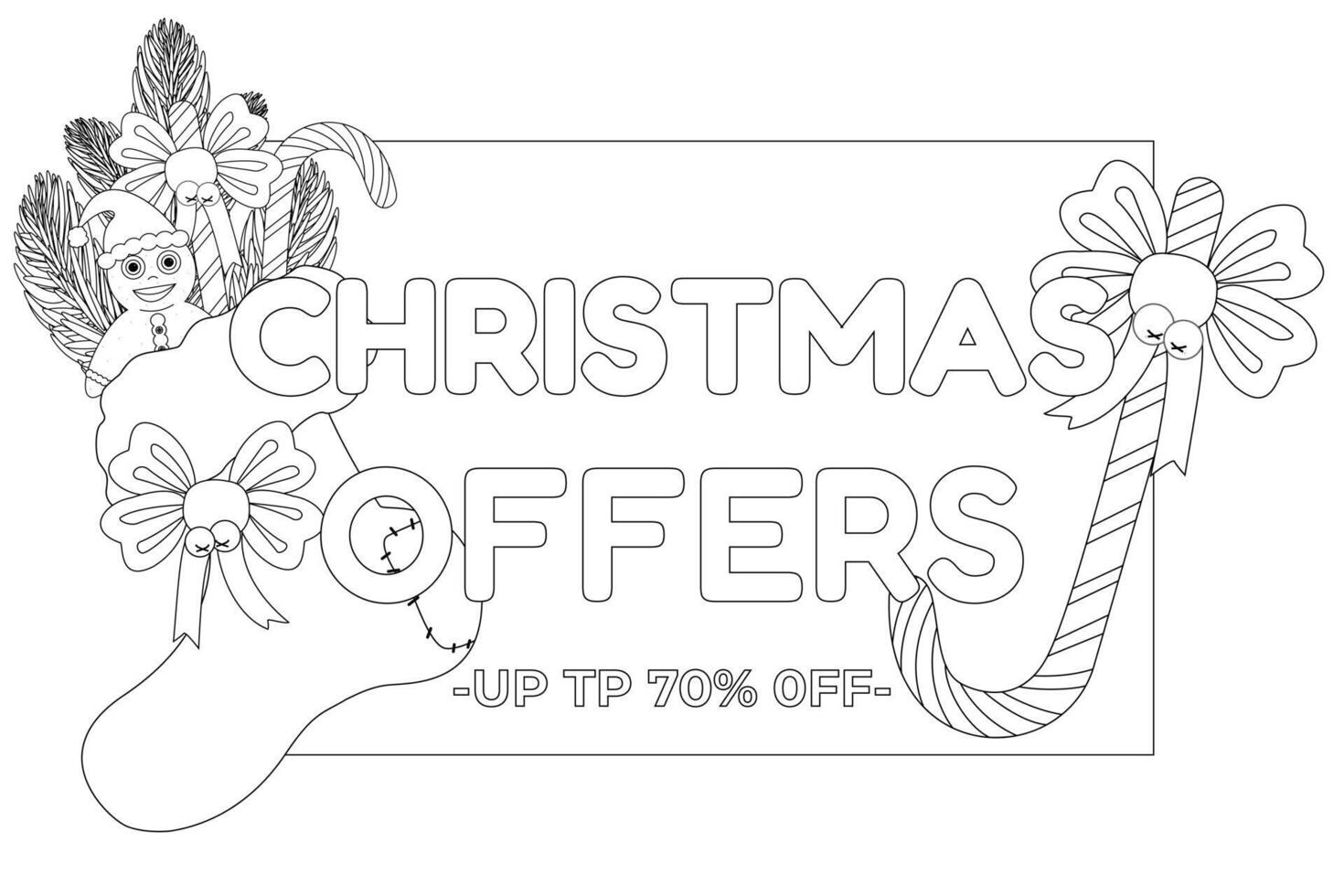 A detailed Christmas-themed coloring page featuring a festive stocking, candy cane, and Christmas Offers message. Perfect for holiday fun. vector