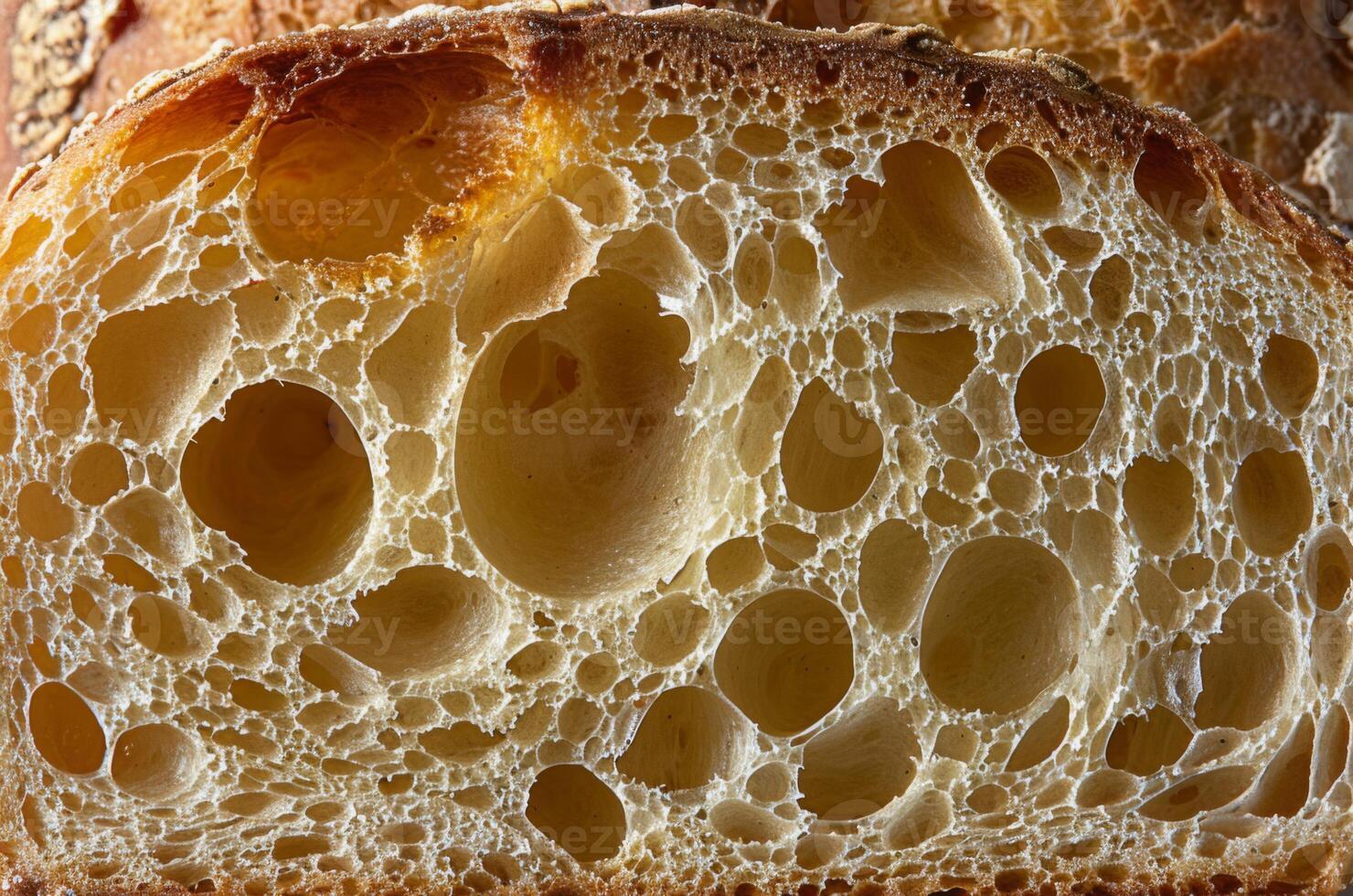 Magnified image of the porous texture of a slice of bread photo