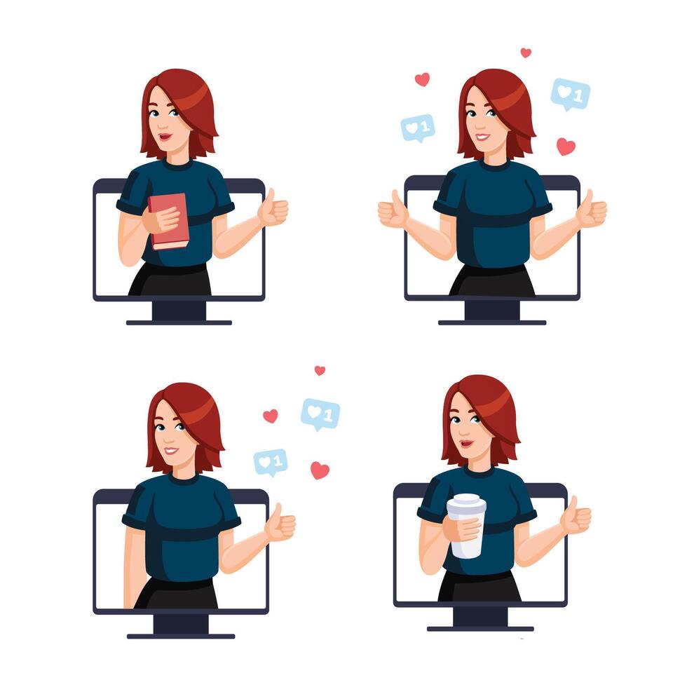 Happy Young Woman Shows thumbs up from computer monitor. Approval concept. Likes on social networks illustrations set. flat illustration vector