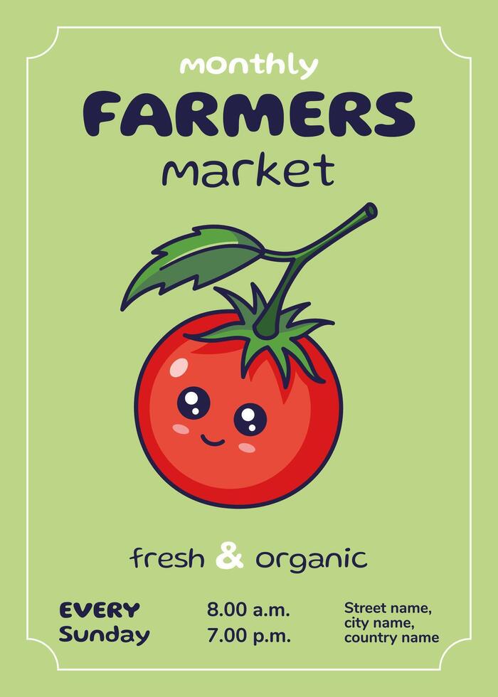 Farmers market flyer with Kawaii Red tomato character. Manga style poster. Flat design. Advertising poster, card, banner, leaflet. Farmers market concept. Cute Smiling Red tomato vector