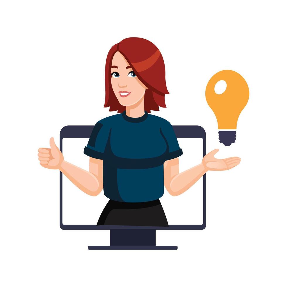 Happy Young Woman with bulb Shows thumbs up from computer monitor. Person show Thumb Up Sign. Approval concept. Likes on social networks. Good idea concept. flat illustration vector