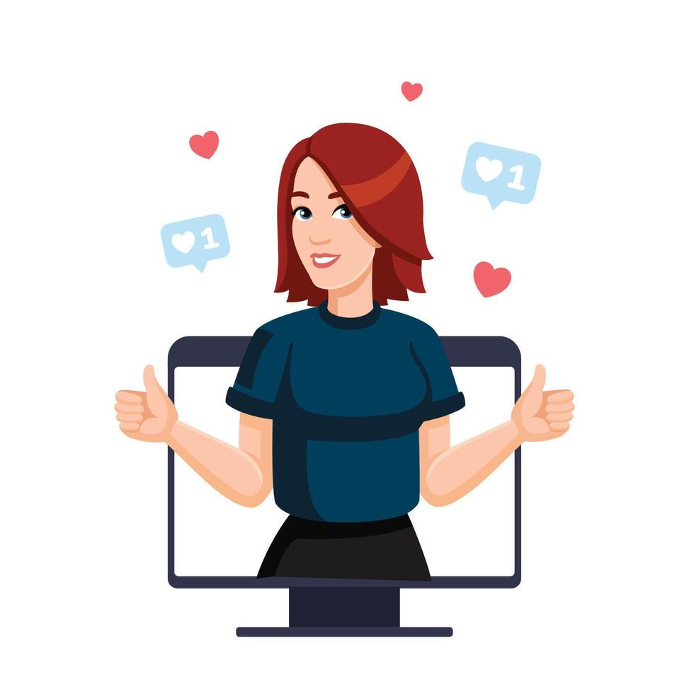 Happy Young Woman Shows thumbs up with both hands from computer monitor. Person show Thumb Up Sign. Approval concept. Likes on social networks. flat illustration vector