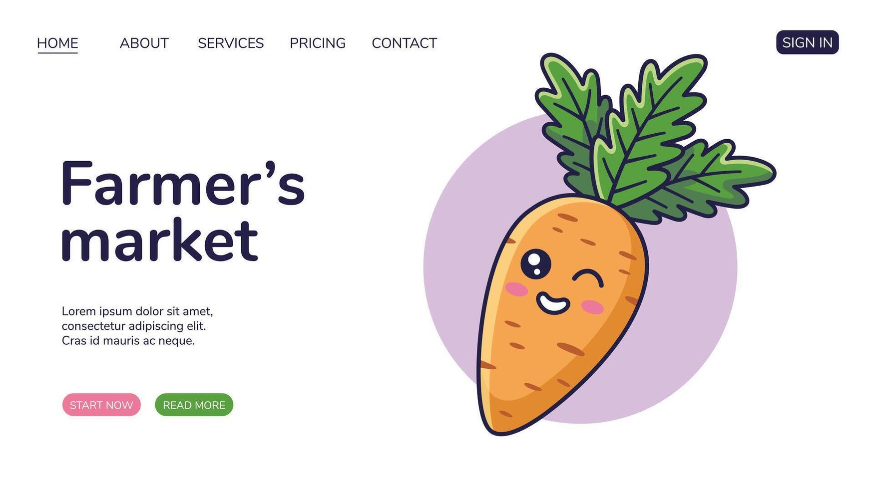 Farmers market Website, web page design with Kawaii Carrot character. Kawaii style poster. Flat design. Advertising poster, banner. Farmers market concept. Cute Smiling Carrot vector