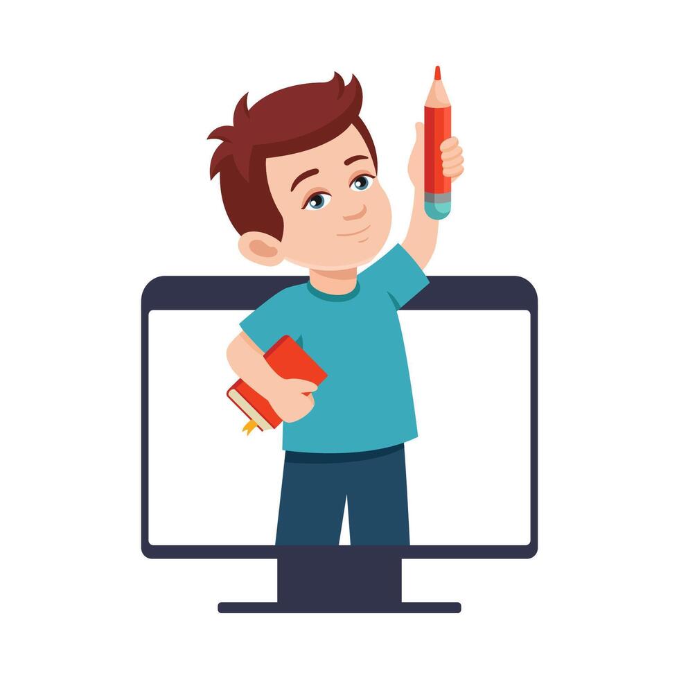 Happy Little boy with book Shows pencil from computer monitor. Website, web page illustration. flat illustration cartoon style. Online education, courses concept. vector