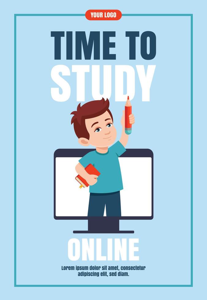 Little boy with pencil and book on computer monitor. Education, knowledge, student concept Flyer design. illustration. Training concept banner, promo, advertising, leaflet. Time to study vector
