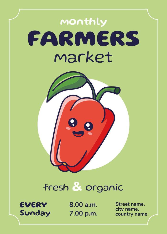 Farmers market flyer with Kawaii Red pepper character. Manga style poster. Flat design. Advertising poster, card, banner, leaflet. Farmers market concept. Cute Smiling Red pepper vector
