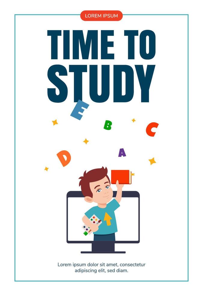 Happy Little boy with book Surrounded with letters on computer monitor. Education, knowledge, reading concept Flyer design, banner, promo, advertising, leaflet. flat illustration cartoon style. vector