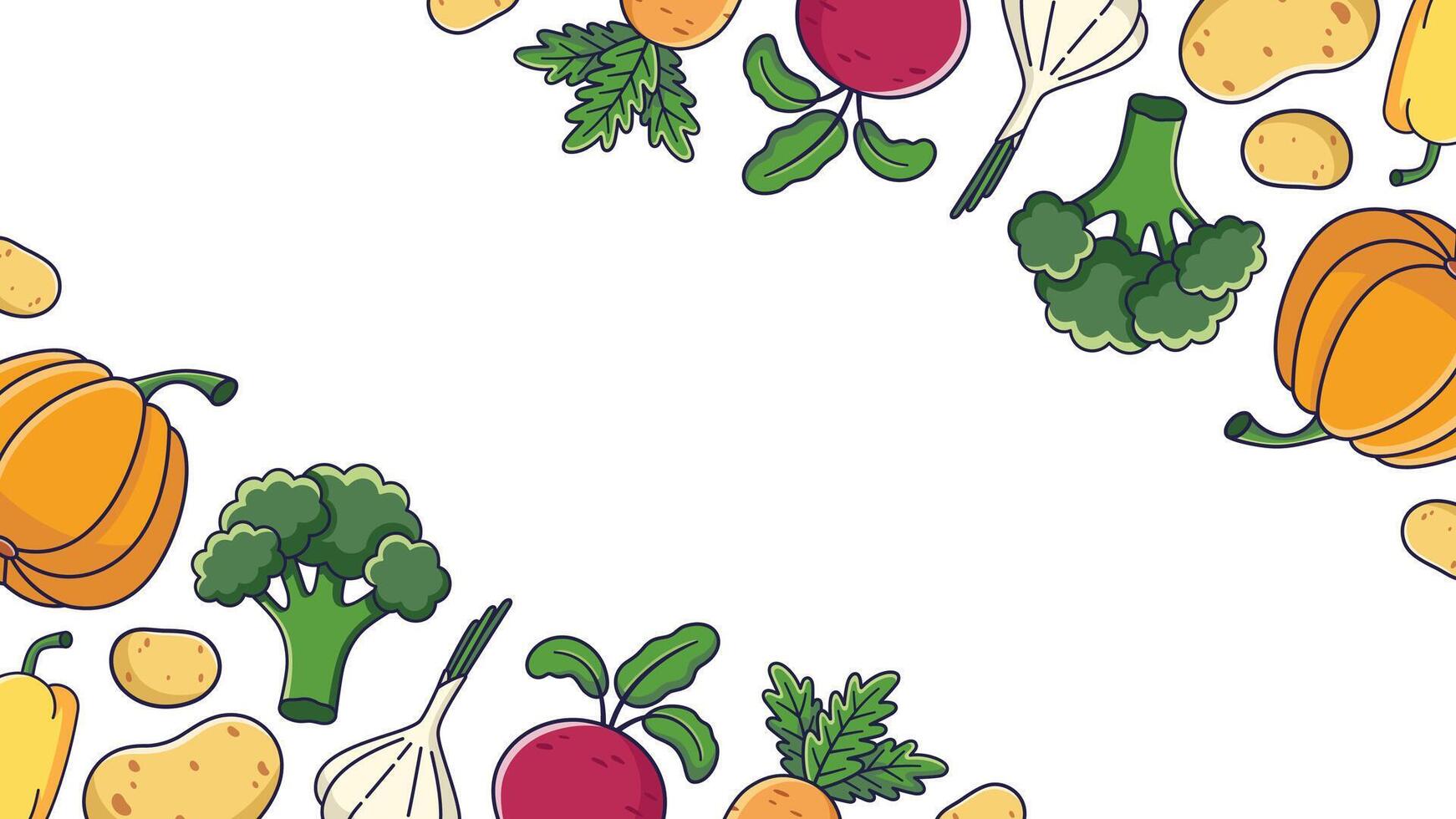 Copy space design with cartoon vegetables. Flat design. Advertising poster, card, banner, leaflet. Farmers market template flyer. Autumn harvest rectangular frame with vegetables. illustration. vector