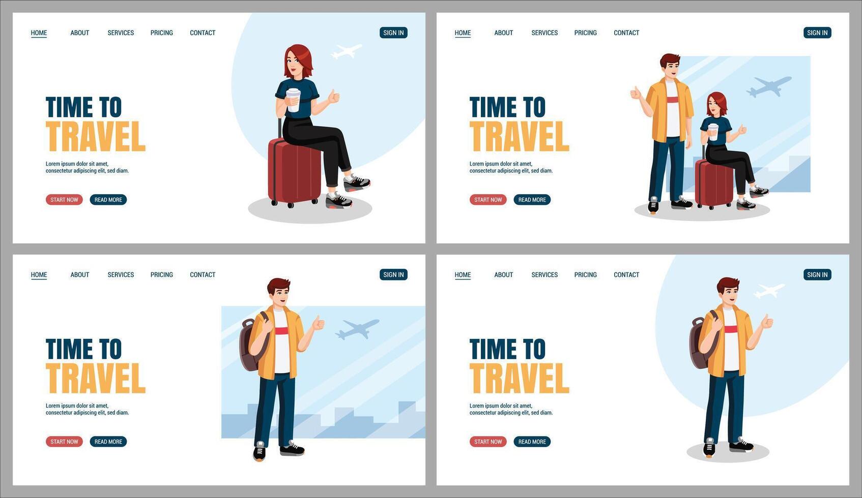 Young couple with suitcase, backpack showing thumbs up at the airport before flight. Flat design, cartoon style. illustration. Travelling concept website, web page design set. vector