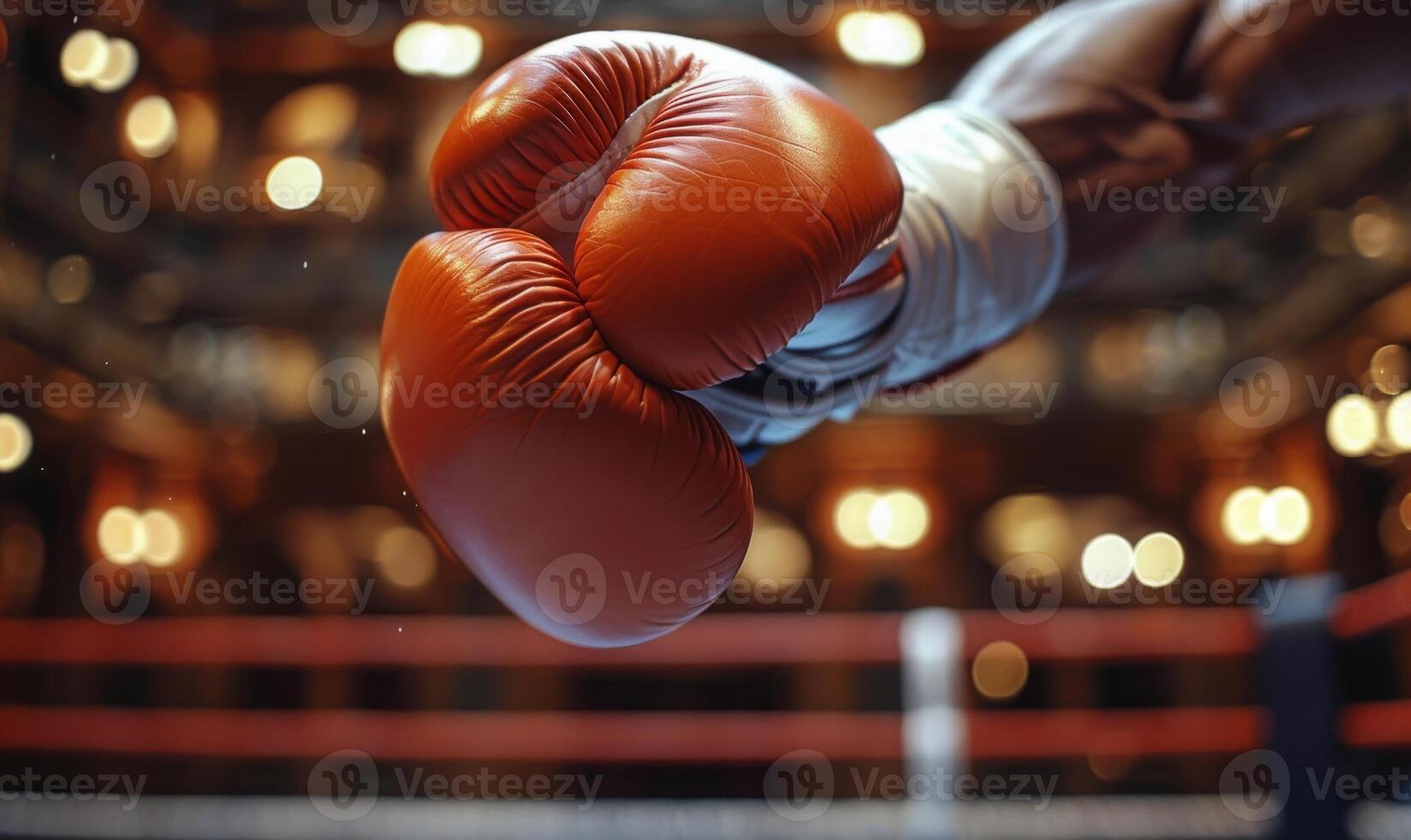 A boxer's gloved hands and body in a fighting stance, with a boxing ring in the background photo