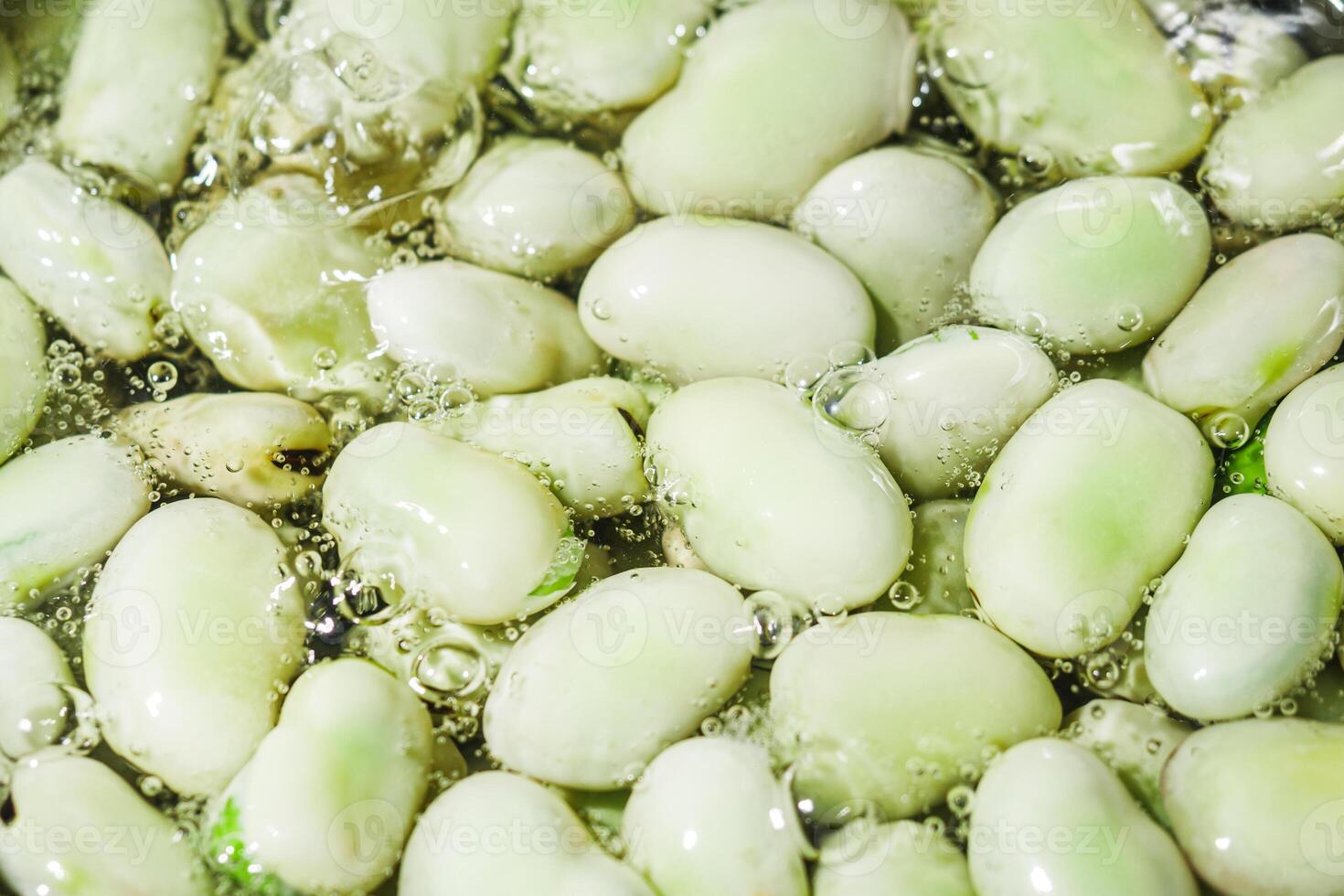 fresh greens broad beans fava boiled on a dark background photo