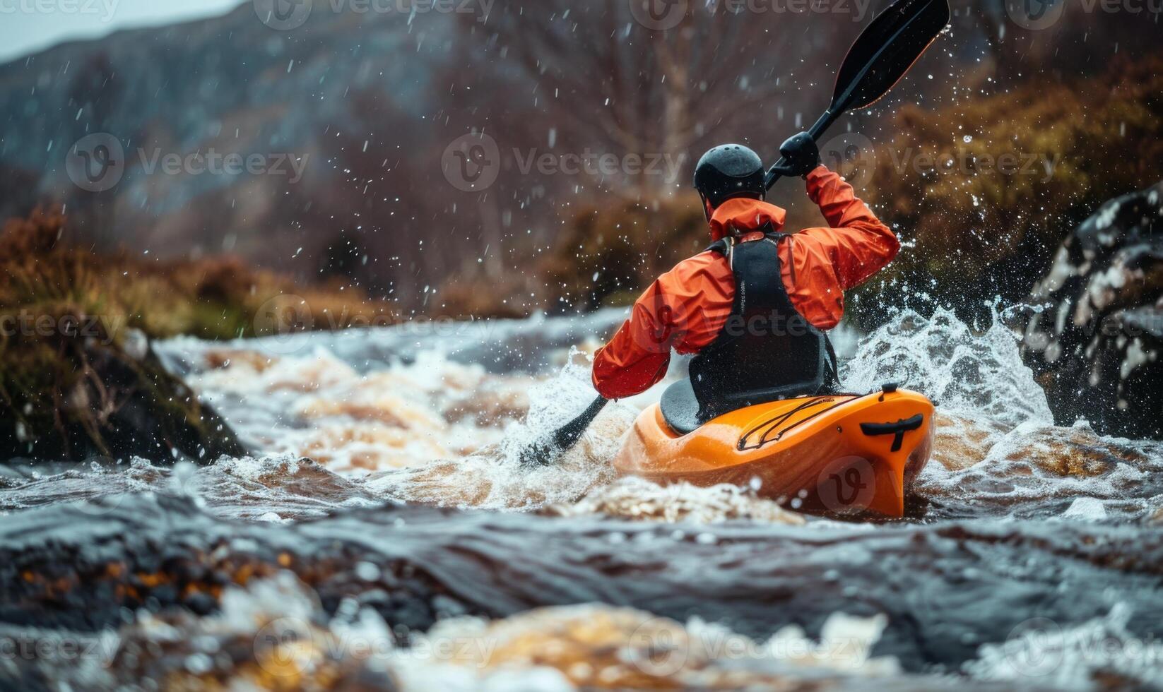 A kayaker's body and paddle in motion on a rapid river, with the surrounding landscape photo