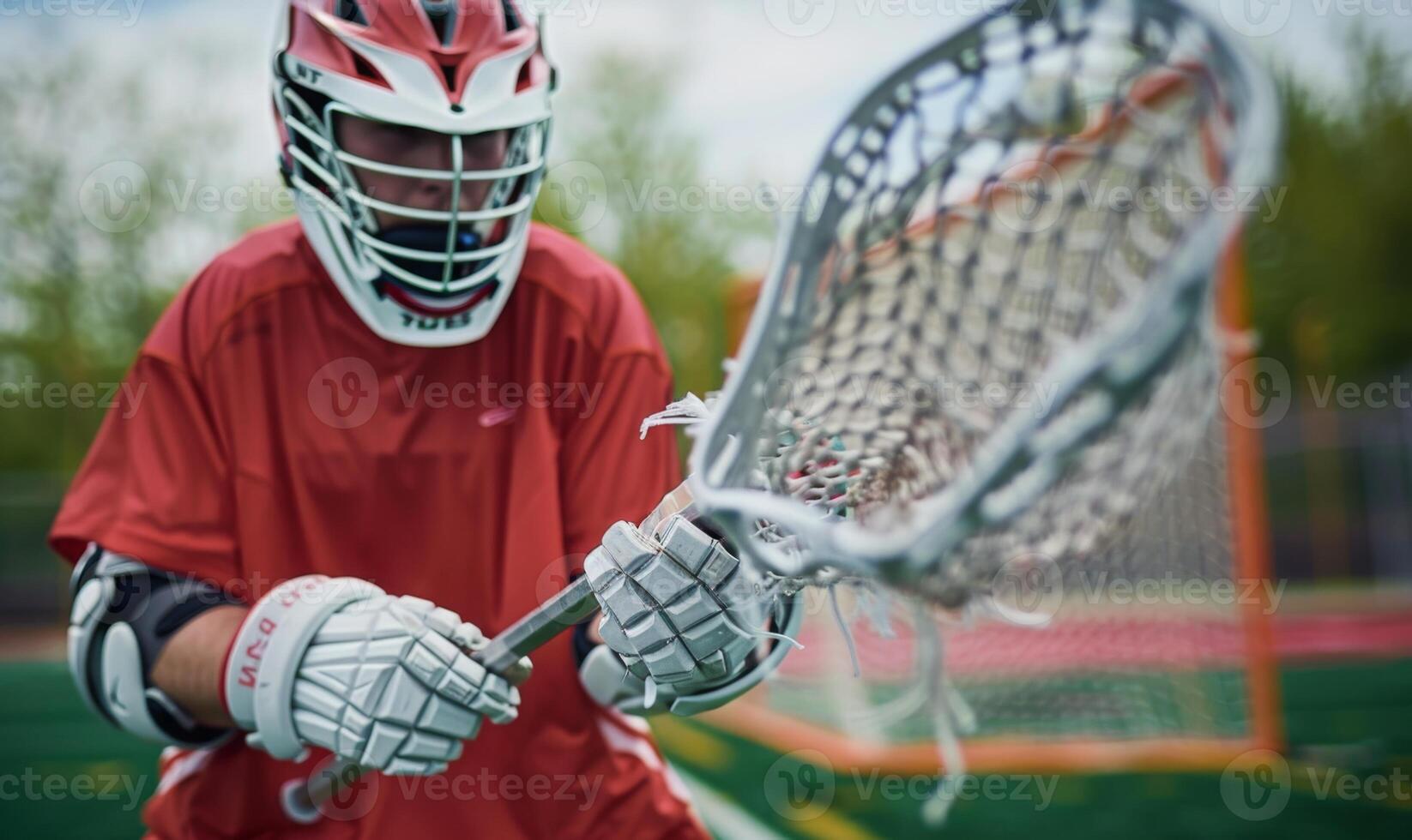 A lacrosse player's hands holding a stick, with the field and net in the background photo
