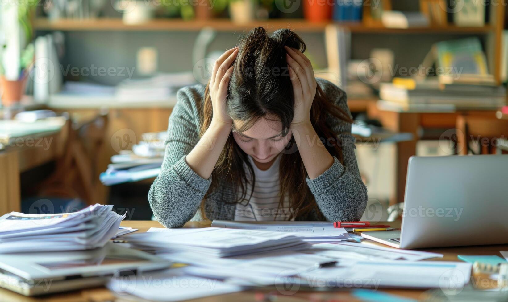 A person sitting at a cluttered desk, head in hands, surrounded by paperwork and a laptop photo