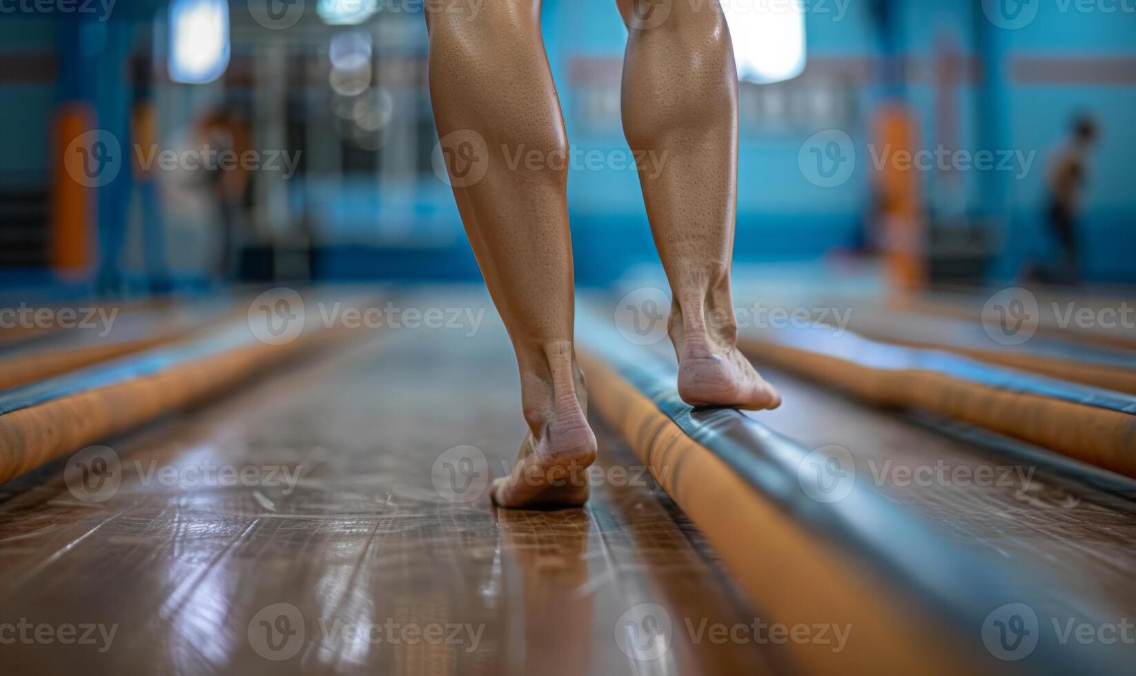 A gymnast's legs and arms on a balance beam, with the gymnasium in the background photo