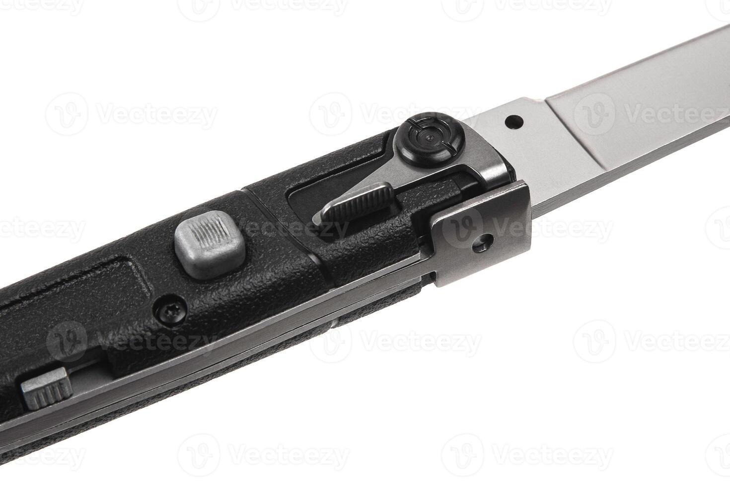 Pocket folding knife isolate on white back. Compact metal sharp knife with a folding blade. photo