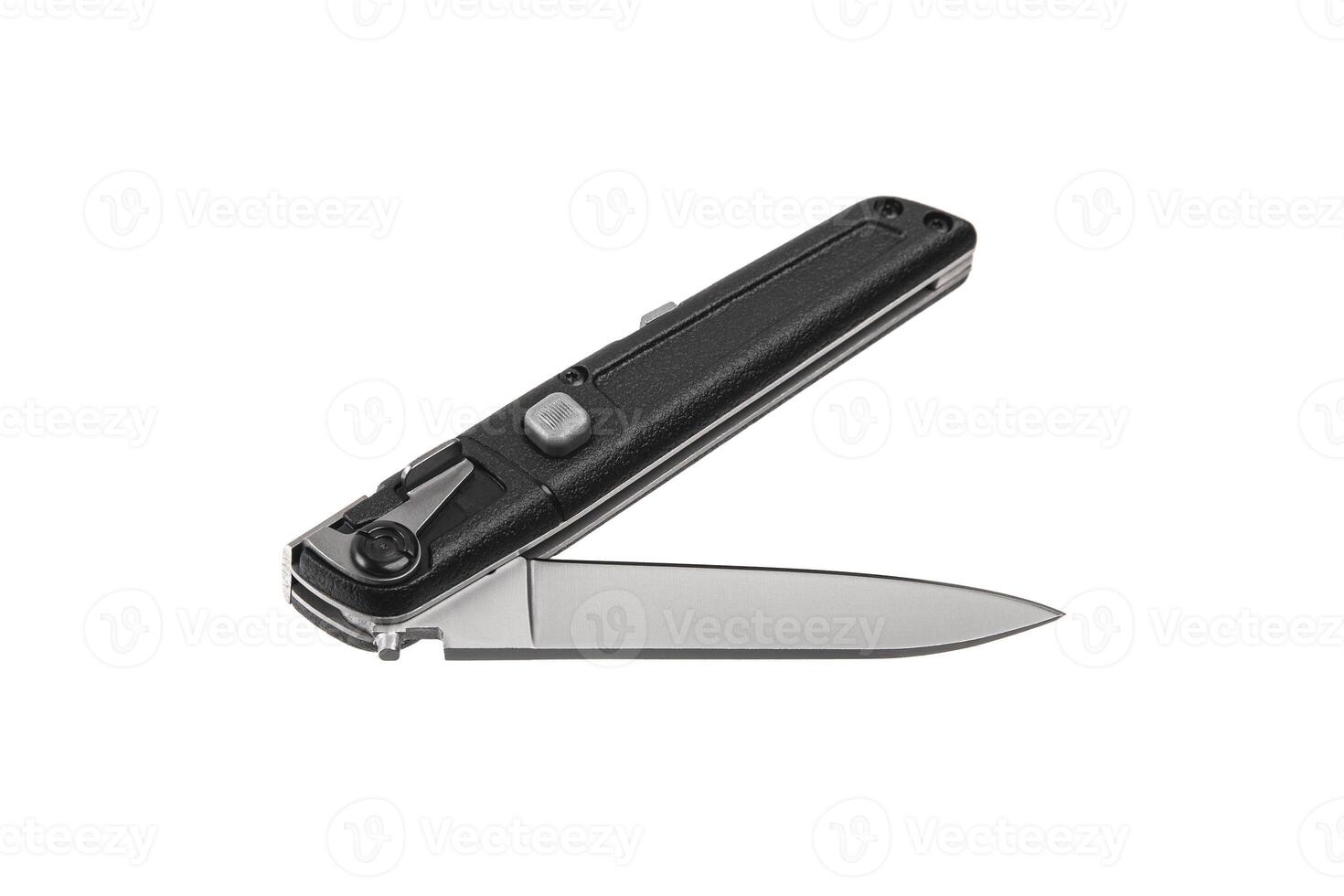 Pocket folding knife isolate on white back. Compact metal sharp knife with a folding blade. photo