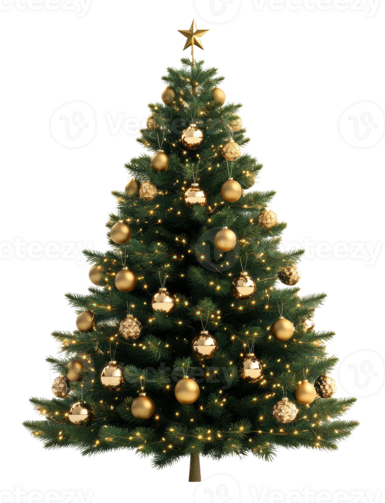 Elegant gold-decorated Christmas tree with lights, cut out - stock . png