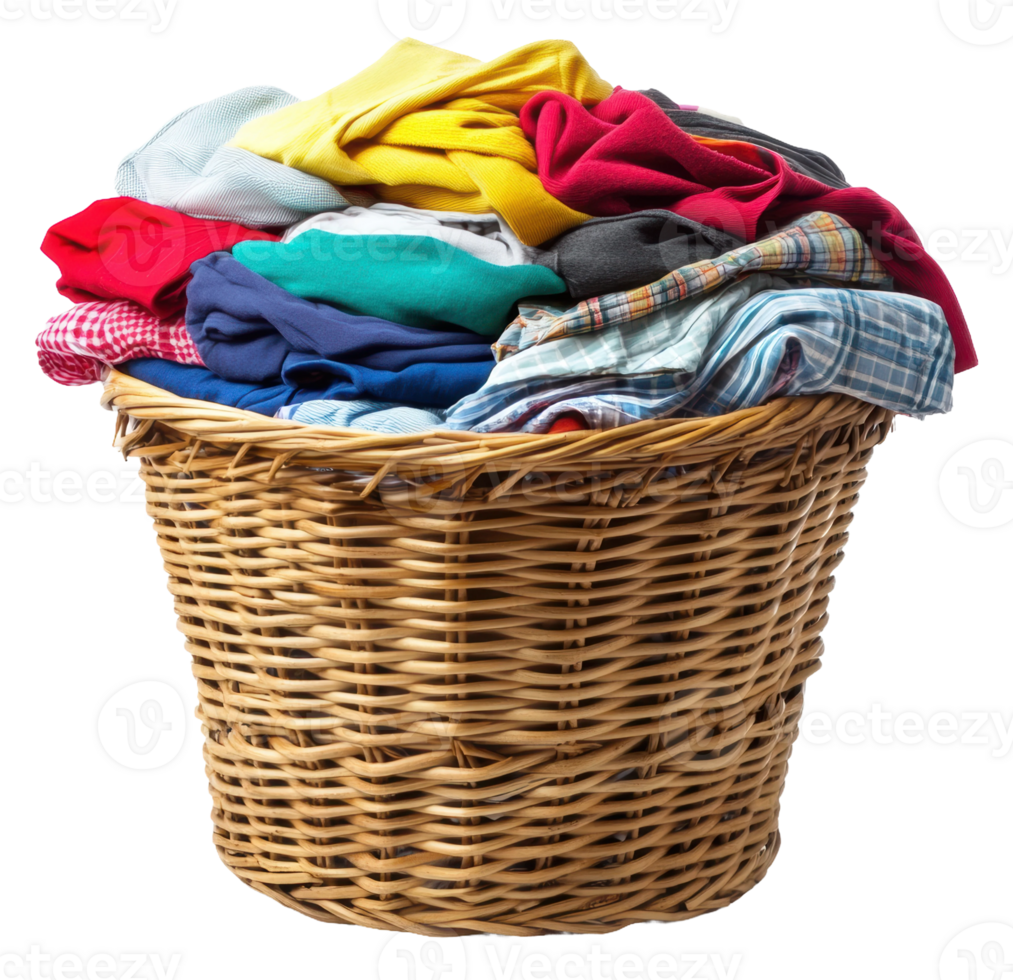 Basket filled with colorful laundry at home, cut out - stock . png