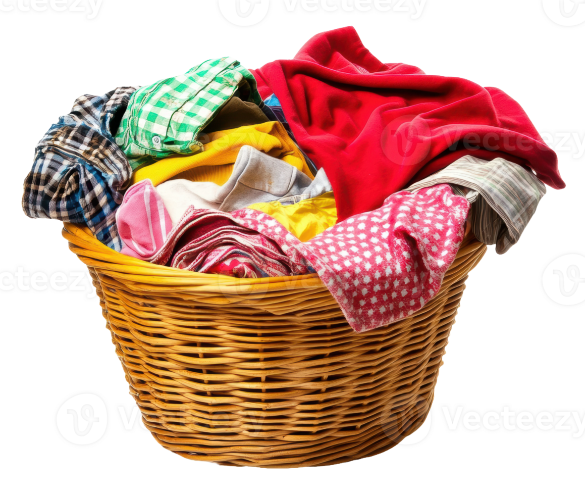 Laundry basket filled with clean clothes, cut out - stock . png