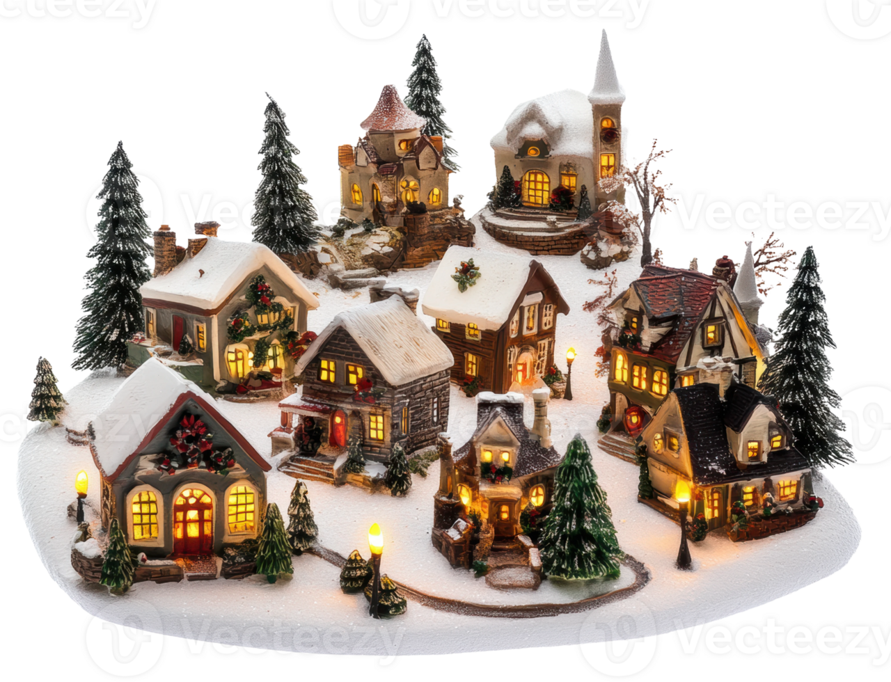 Lit winter village with houses and trees, cut out - stock . png