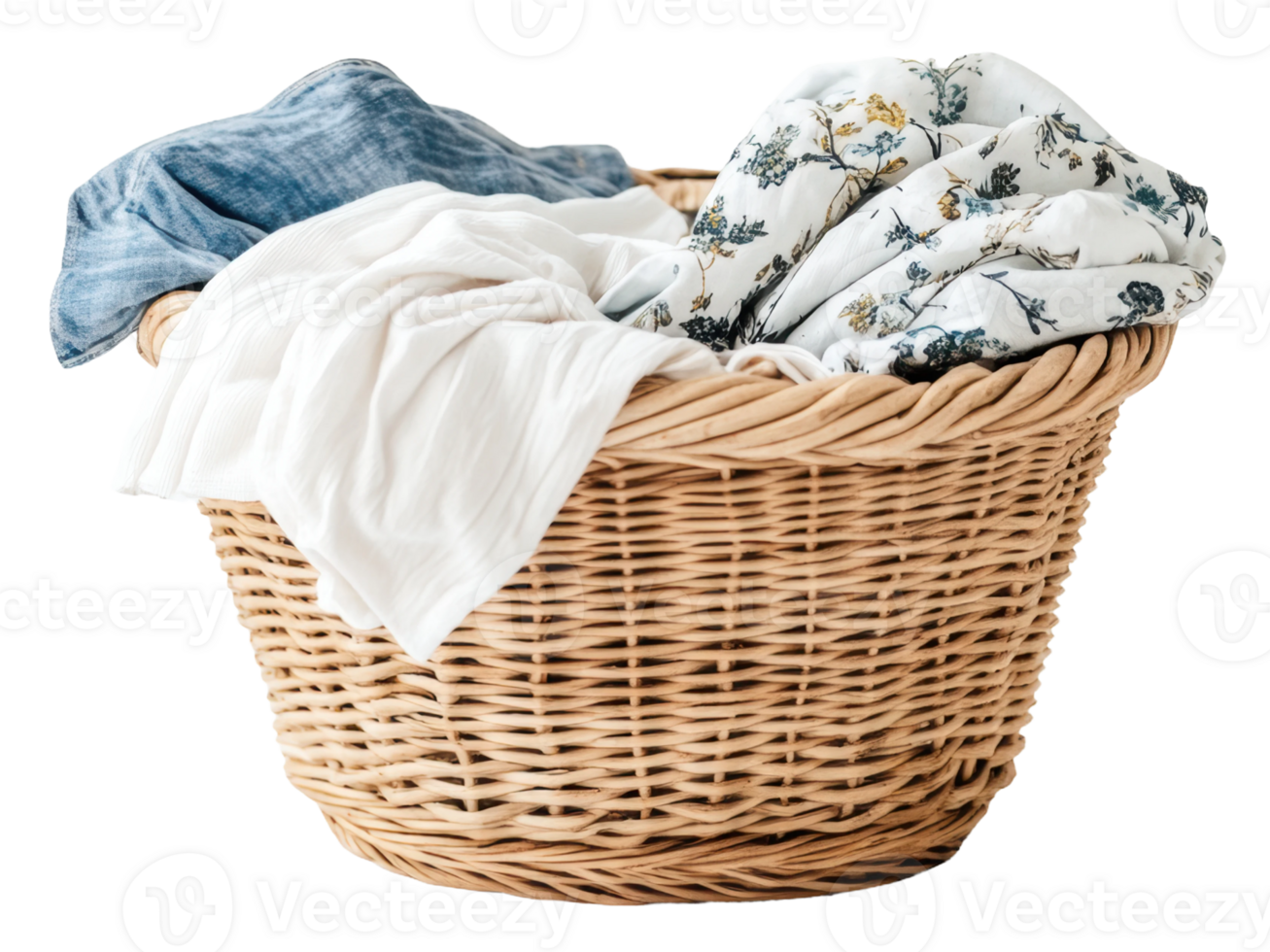 Woven laundry basket filled with clean clothes, cut out - stock . png