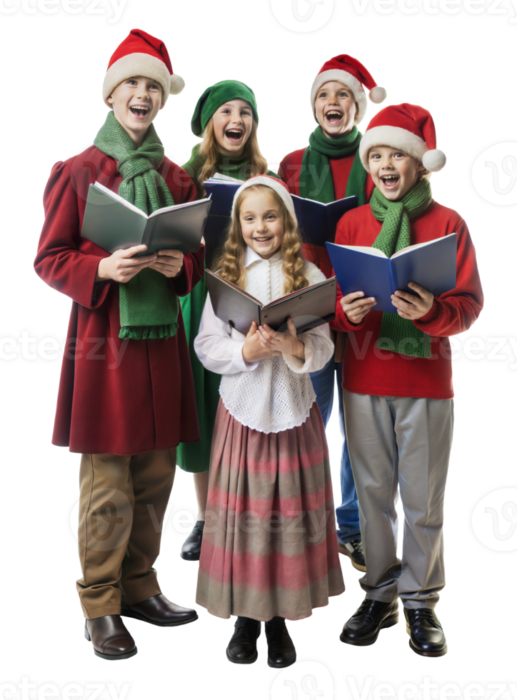 Festive carolers singing joyfully, cut out - stock . png