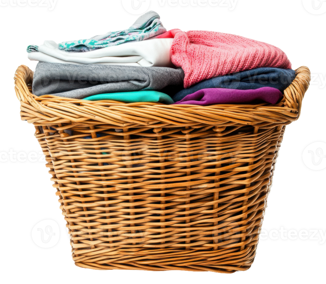 Wicker basket filled with colorful clothes indoors, cut out - stock . png