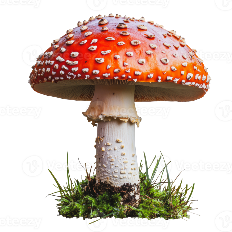 Vibrant red and white mushroom in grassy setting png
