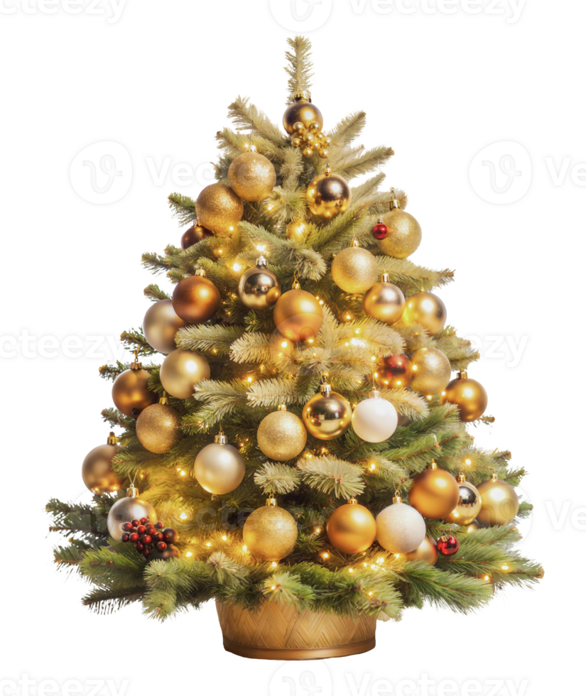 Festive Christmas tree with golden ornaments, cut out - stock . png