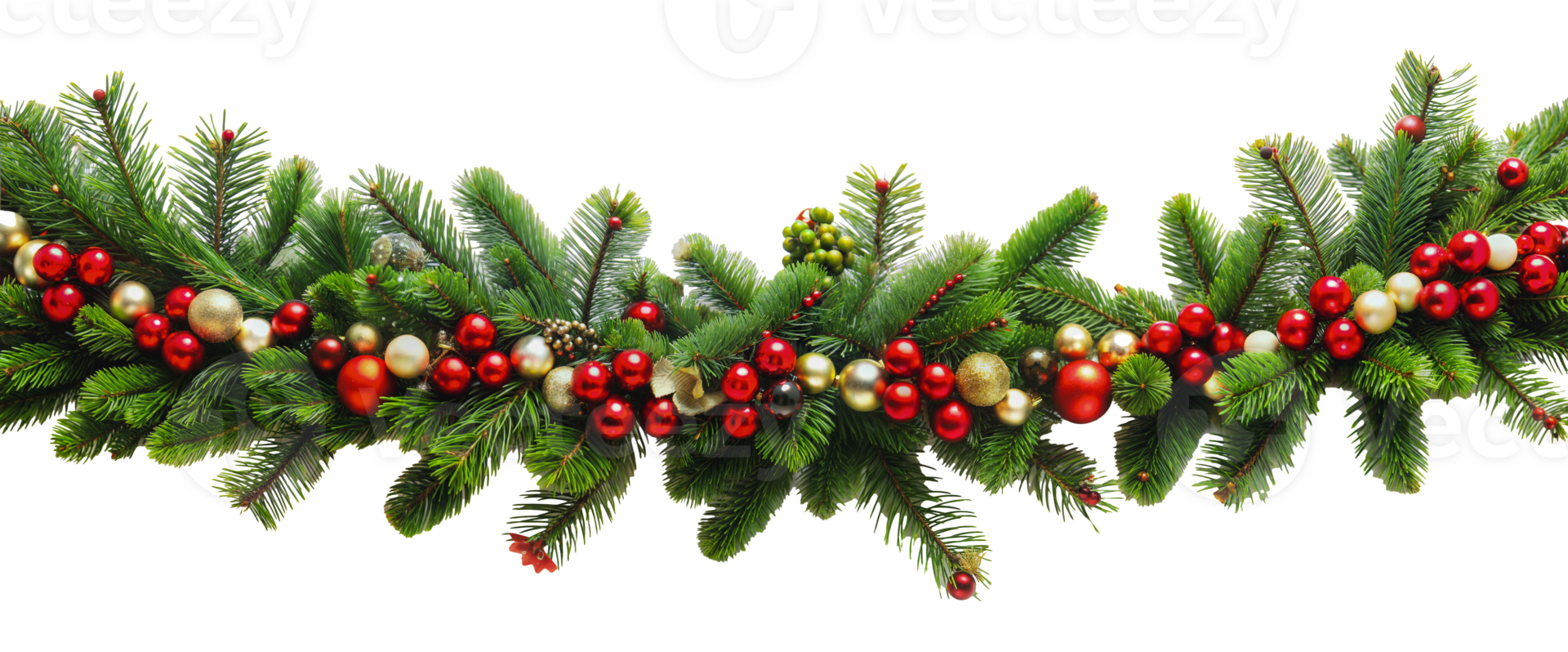 Festive garland with red and gold ornaments, cut out - stock . png