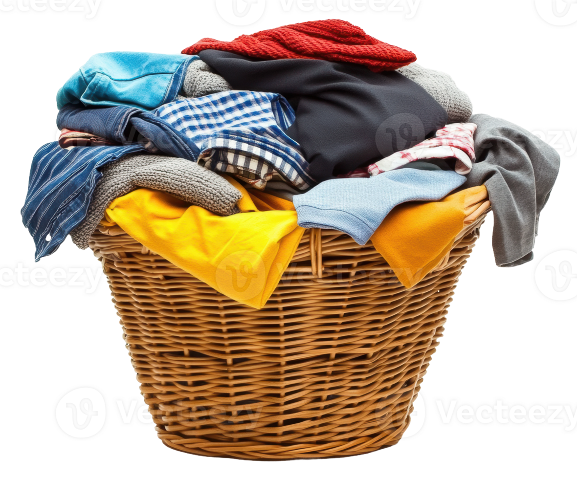 Pile of colorful laundry in a wicker basket, cut out - stock . png