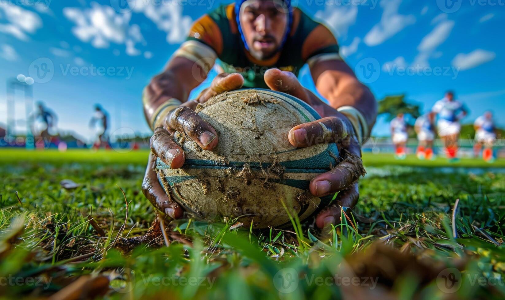 A rugby player's hands gripping the ball, with the field and players in the background photo