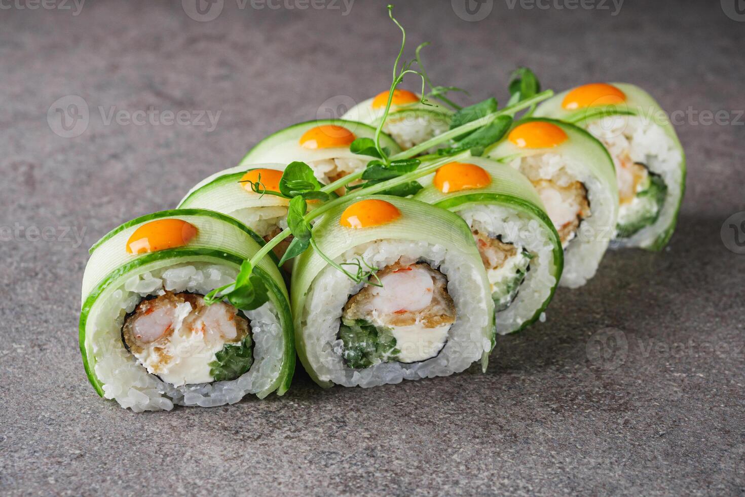 delicious fresh sushi roll philadelphia cheese with shrimp cucumber photo