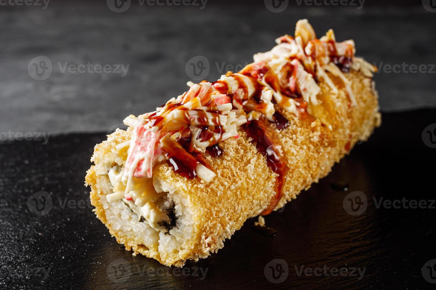warm sushi roll hot dog in panko breadcrumbs photo