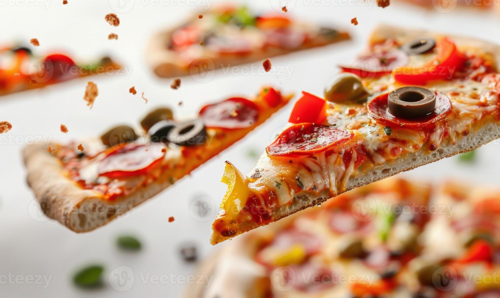 Slices of pizza with various toppings like pepperoni, olives, and bell peppers flying in mid-air with a white background photo